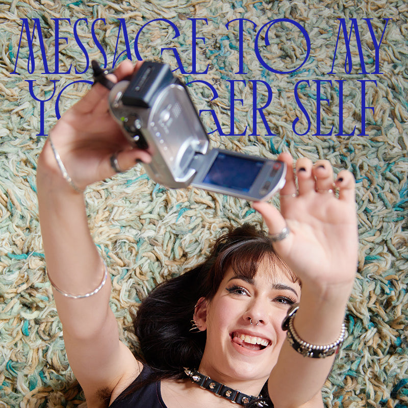 Image of Liv taking a selfie with the words 'Message to my younger self'