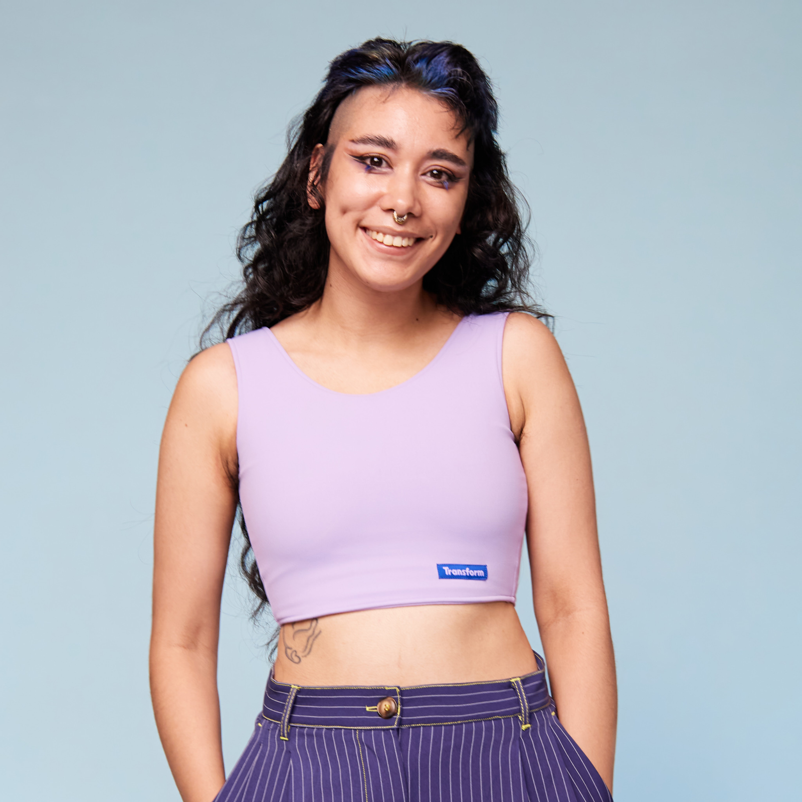 Model wearing Lavender Chest Binder Tank - front view