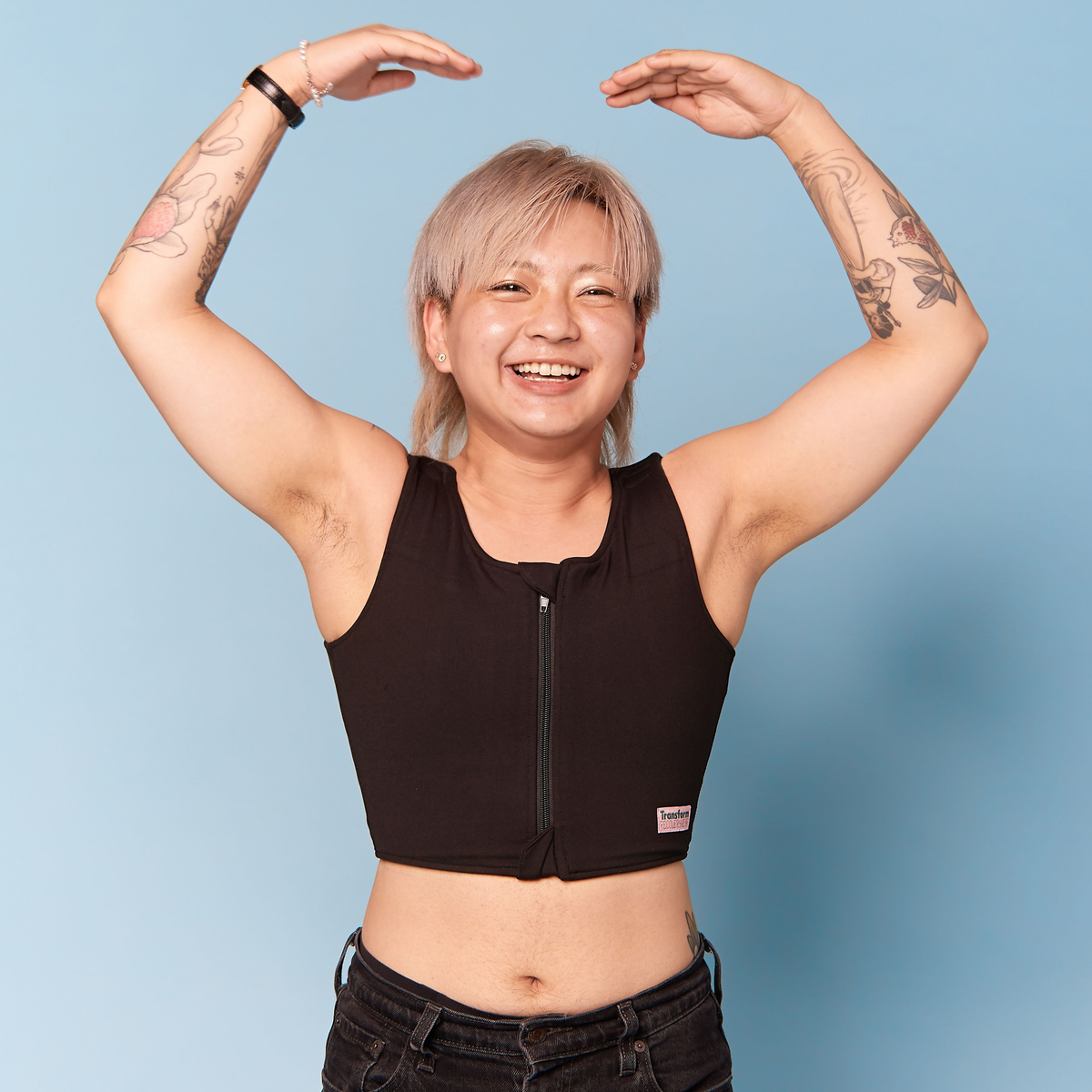 Model wearing a post-operative chest binder