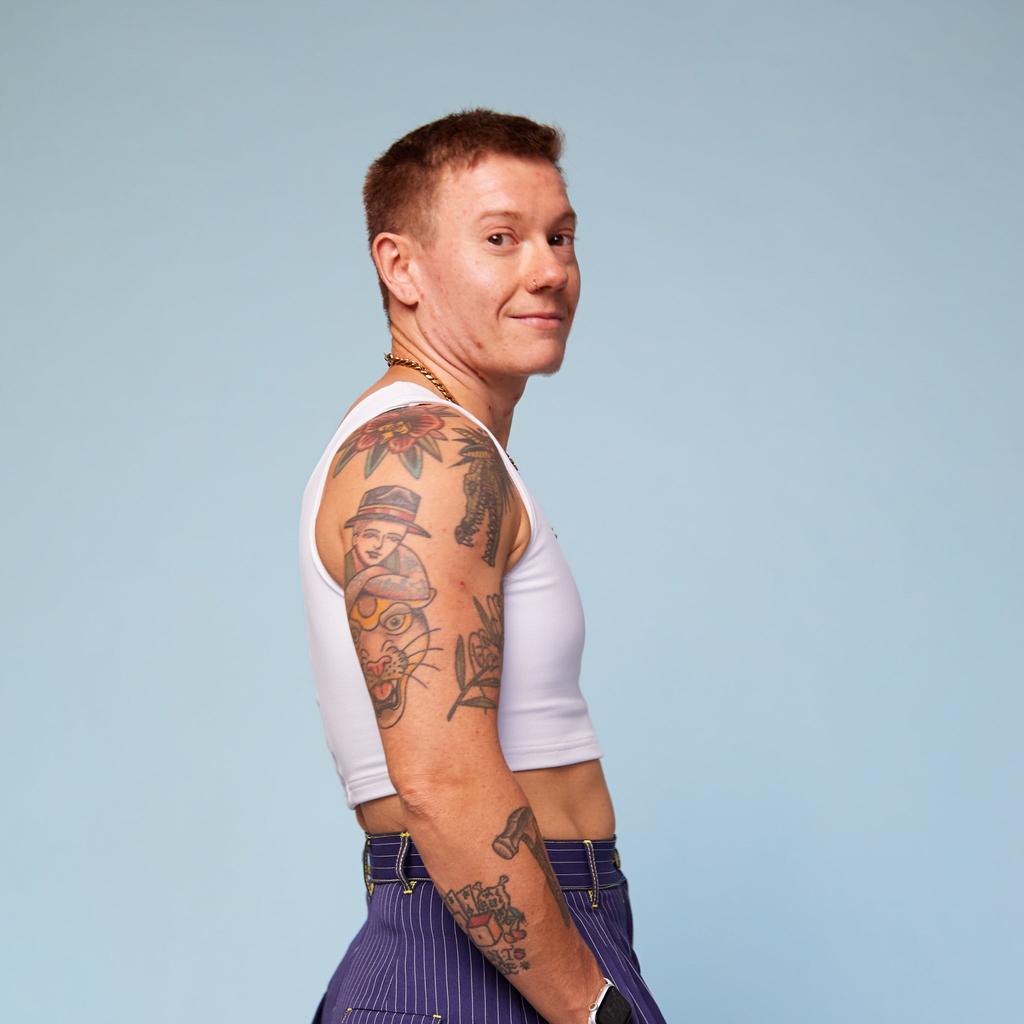 Model wearing Sensory Compression Vest Chest Binder - side view