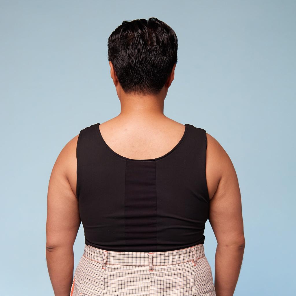 Model wearing Sensory Compression Vest Chest Binder - back view showing breathable panel