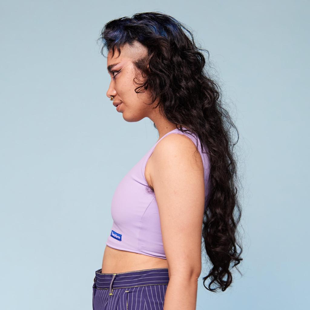 Model wearing Lavender Chest Binder Tank - side view