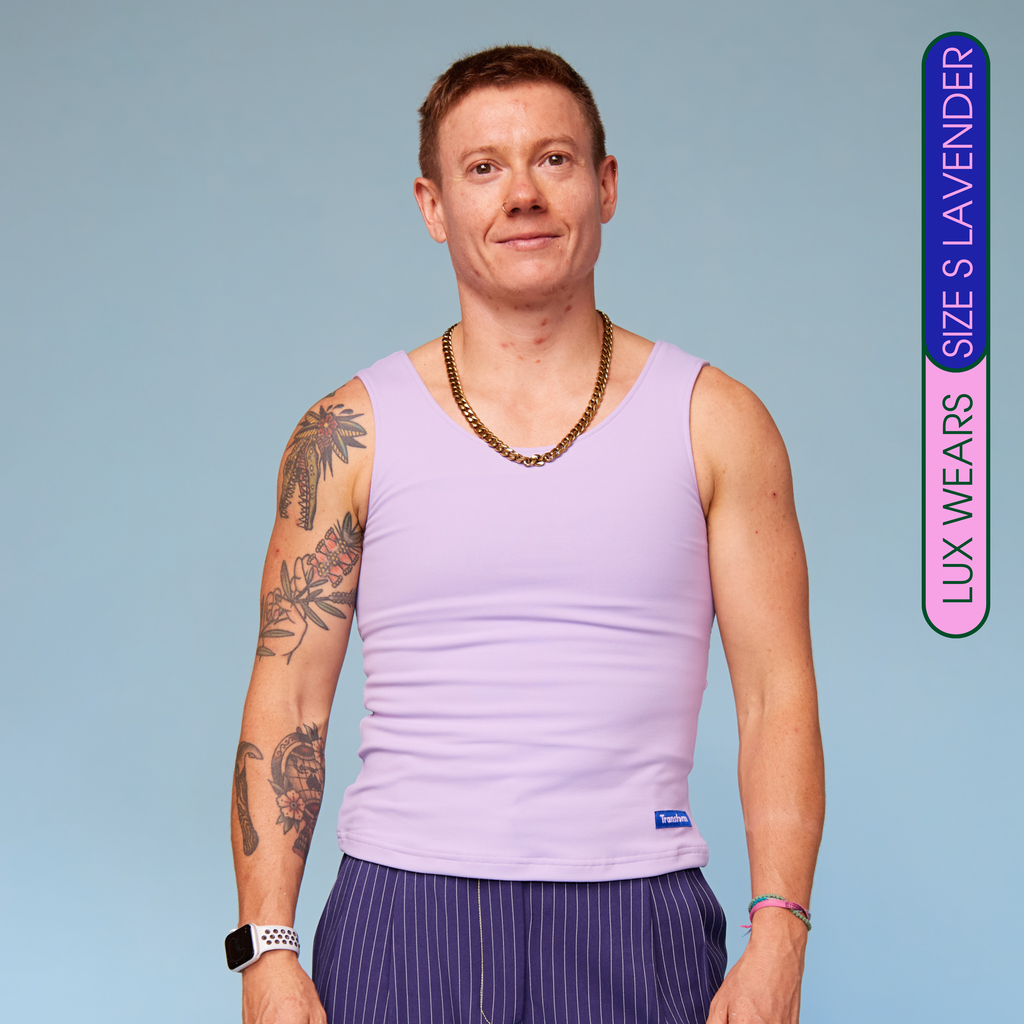Model wearing Lavender Chest Binder Tank - front view