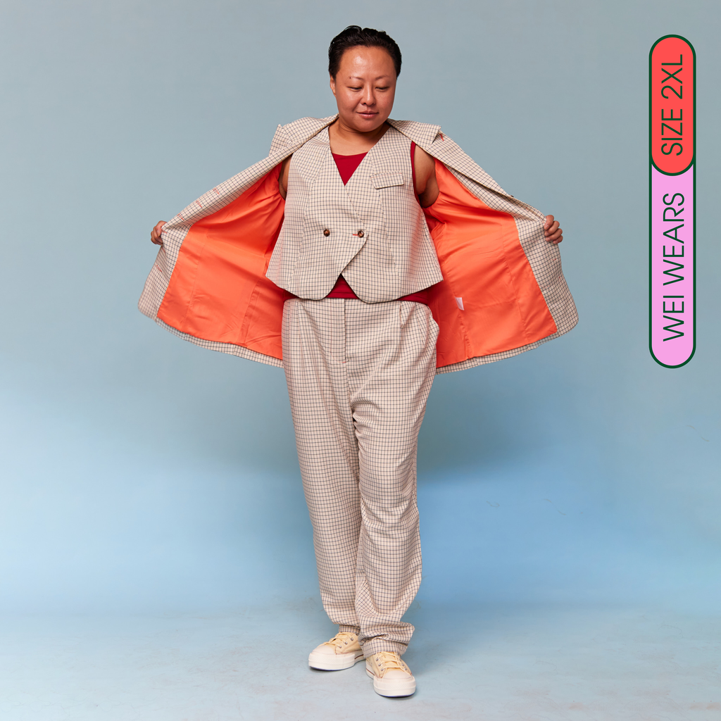 Wei wearing our Tripp pants and vest - front view