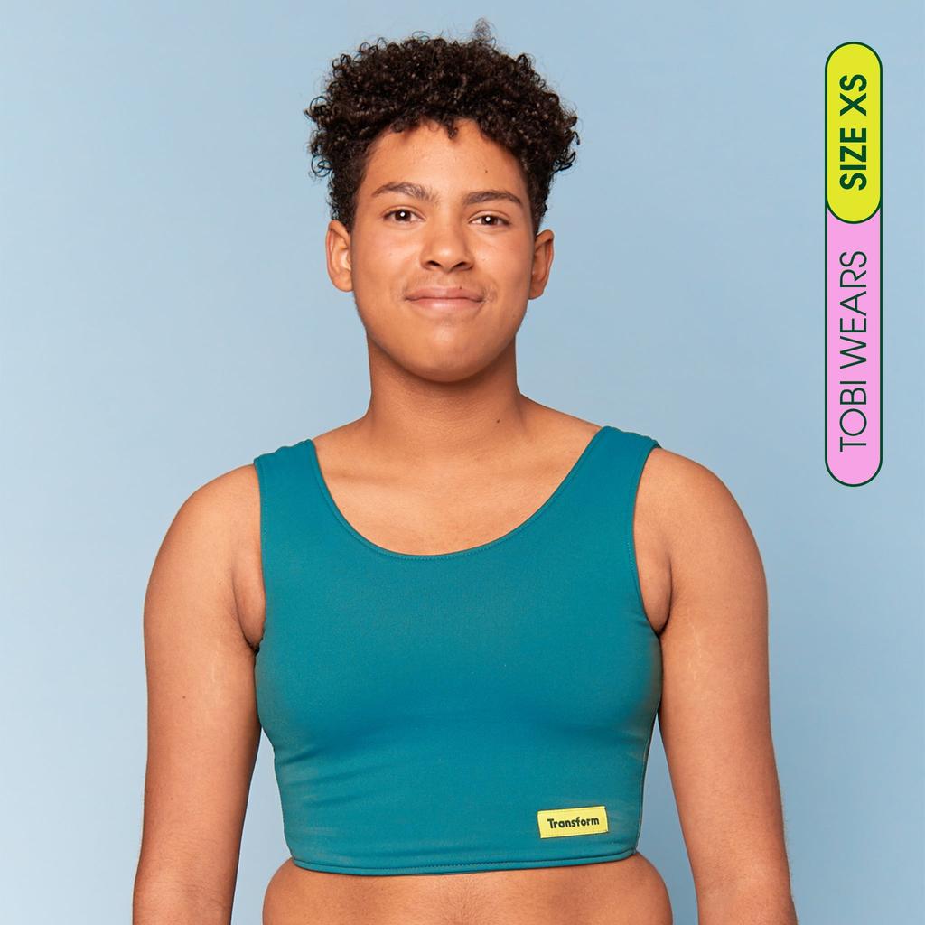 Tobi is wearing Swim Binder - Crop Moss Green - front view