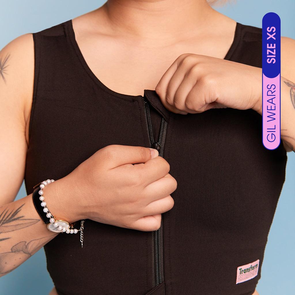 Model wearing comfortable Post Surgical Breathable Compression Vest following Top Surgery - close up view